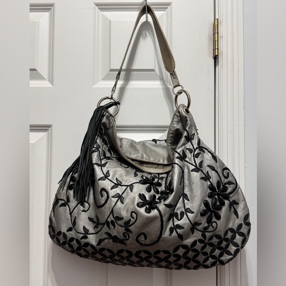 Mary Frances gray and Black Floral Hobo shoulder bag